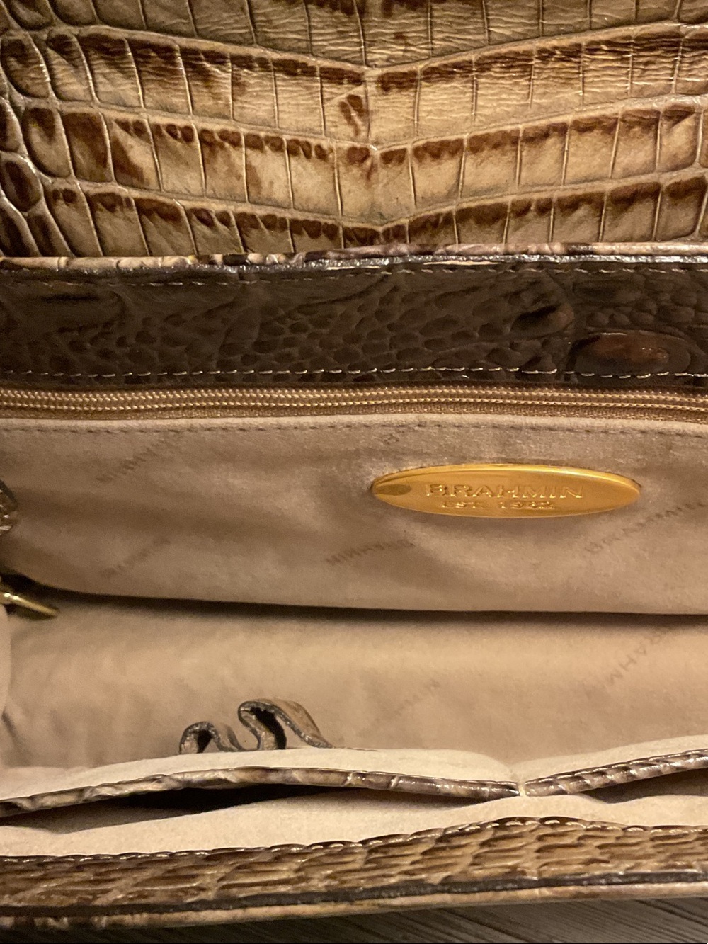 Vintage Brahmin satchel Melbourne taupe and brown crocodile-embossed leather EUC - Picture 5 of 9